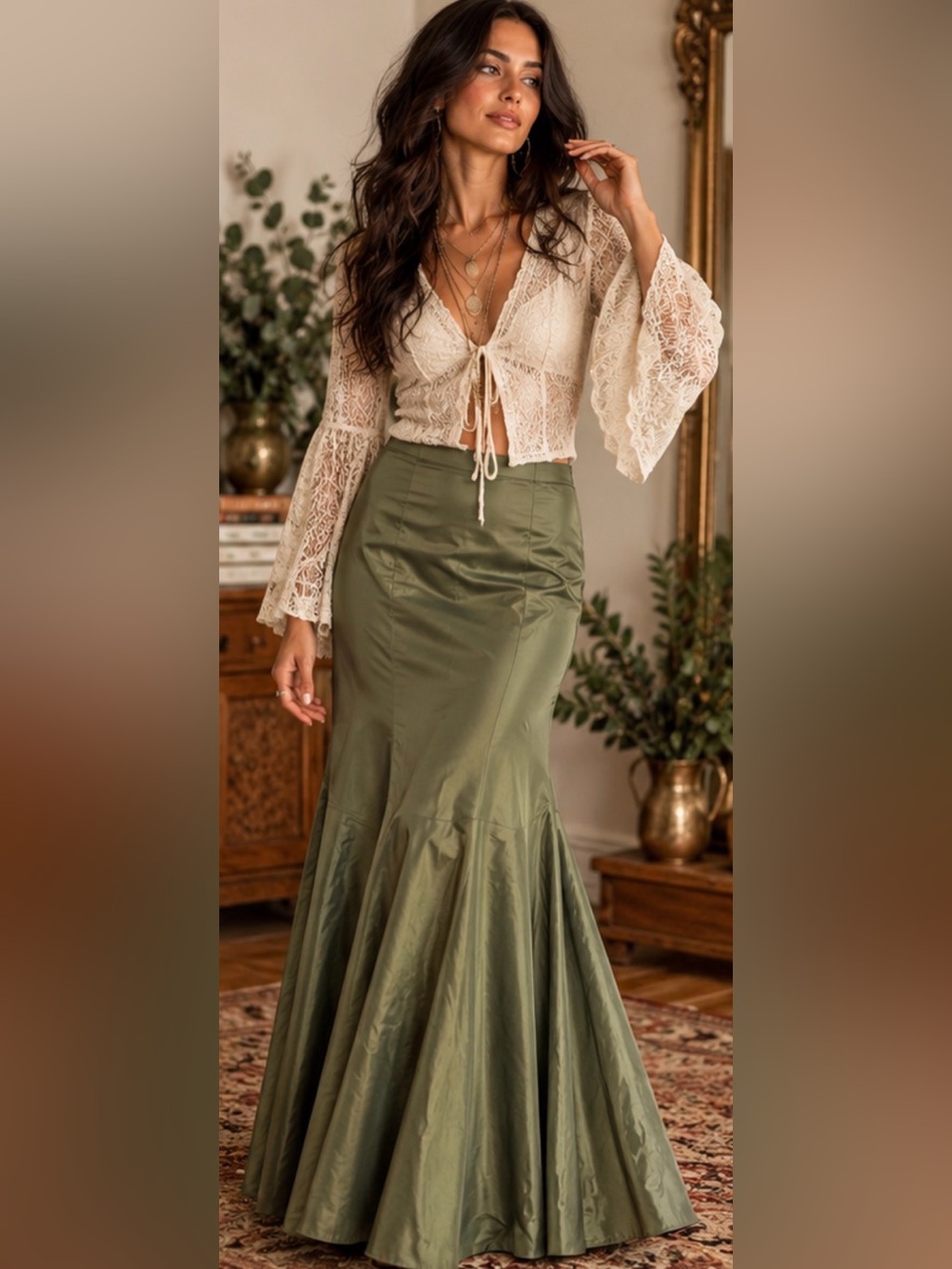 Vintage Caché Olive Green Satin Taffeta Mermaid Maxi Skirt Y2K 90s Size 8